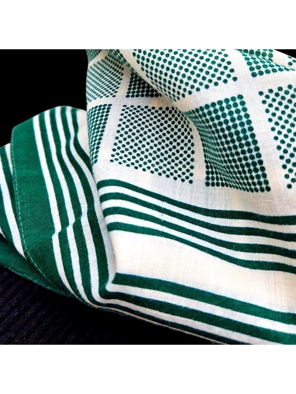 Vintage Echo Green White Stripe Grid Cotton Square Scarf 25x26 - Picture 7 of 9
